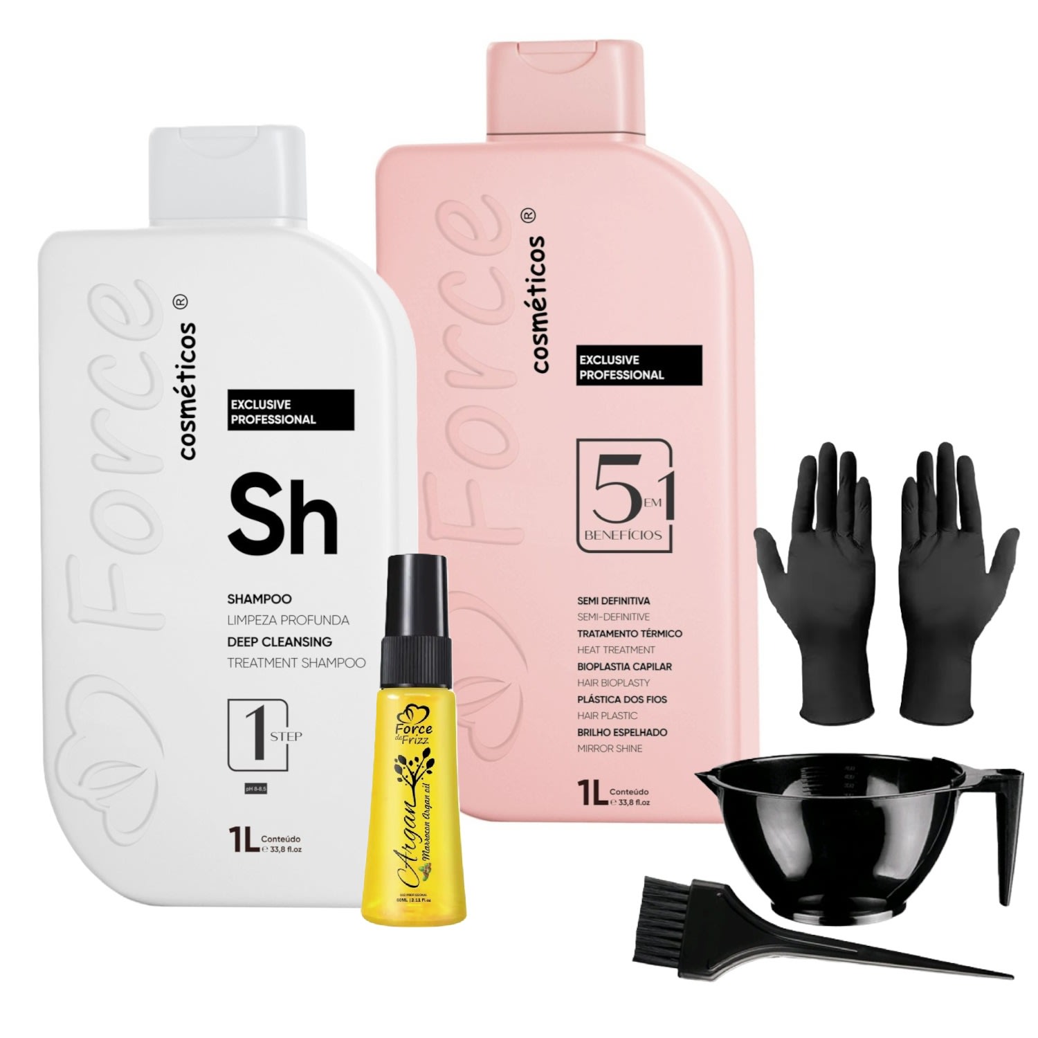 Kit Escova Semi-Definitiva 5 Em 1 Plástica Dos Fios Profissional 1L + Reparador Oil Argan
