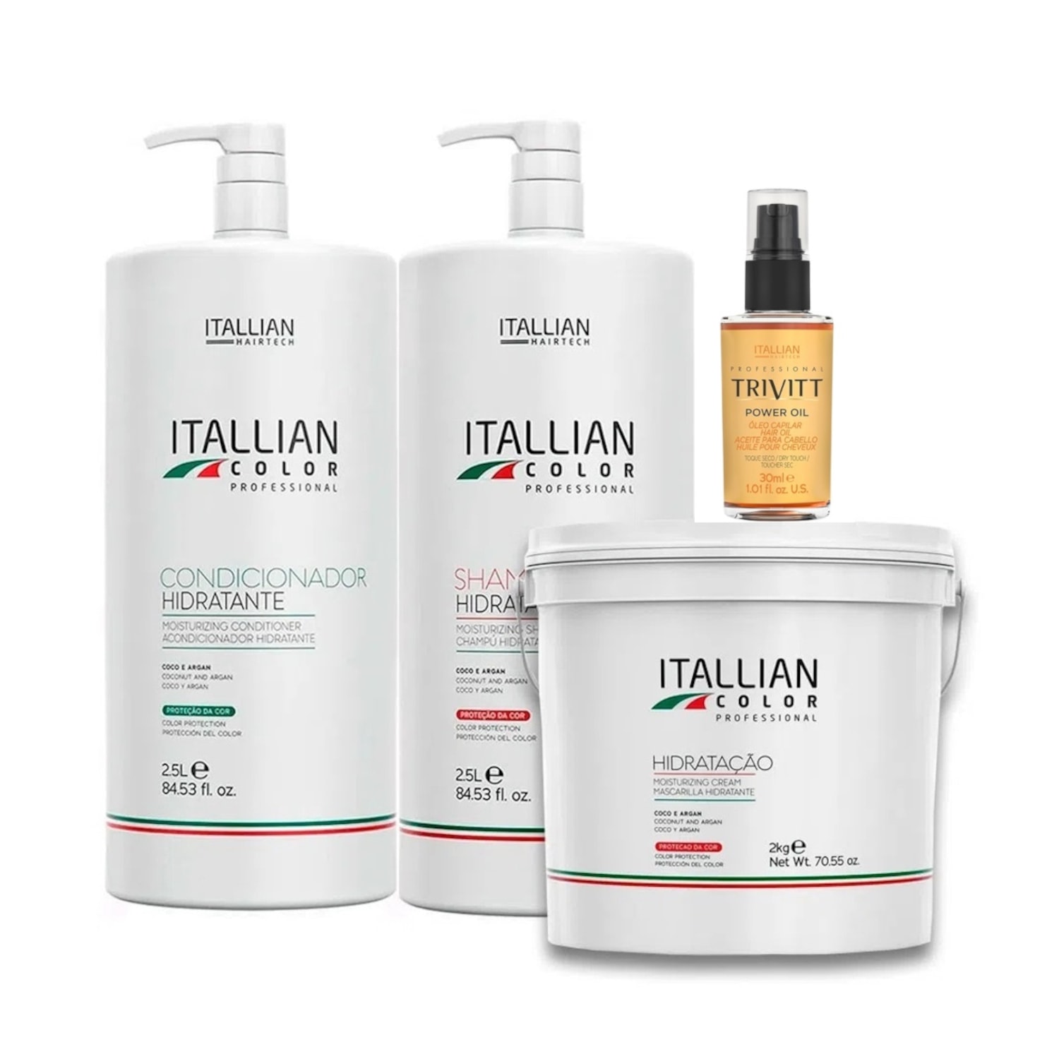 Kit Itallian Color Profissional Shampoo e Condicionador + Hidratação 2Kg + Finalizador Power Oil (4 Itens)