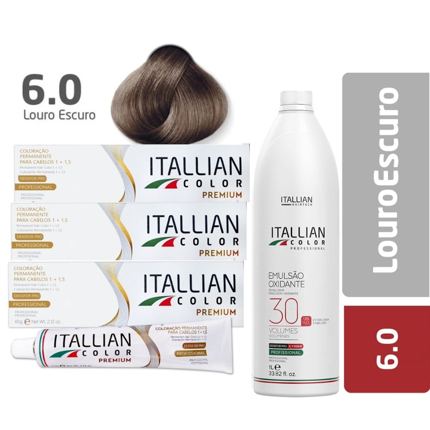 Kit Itallian Color 3 Tintura 6.0 Louro Escuro + Emulsão Oxigenada 30 Vol. 1Lt