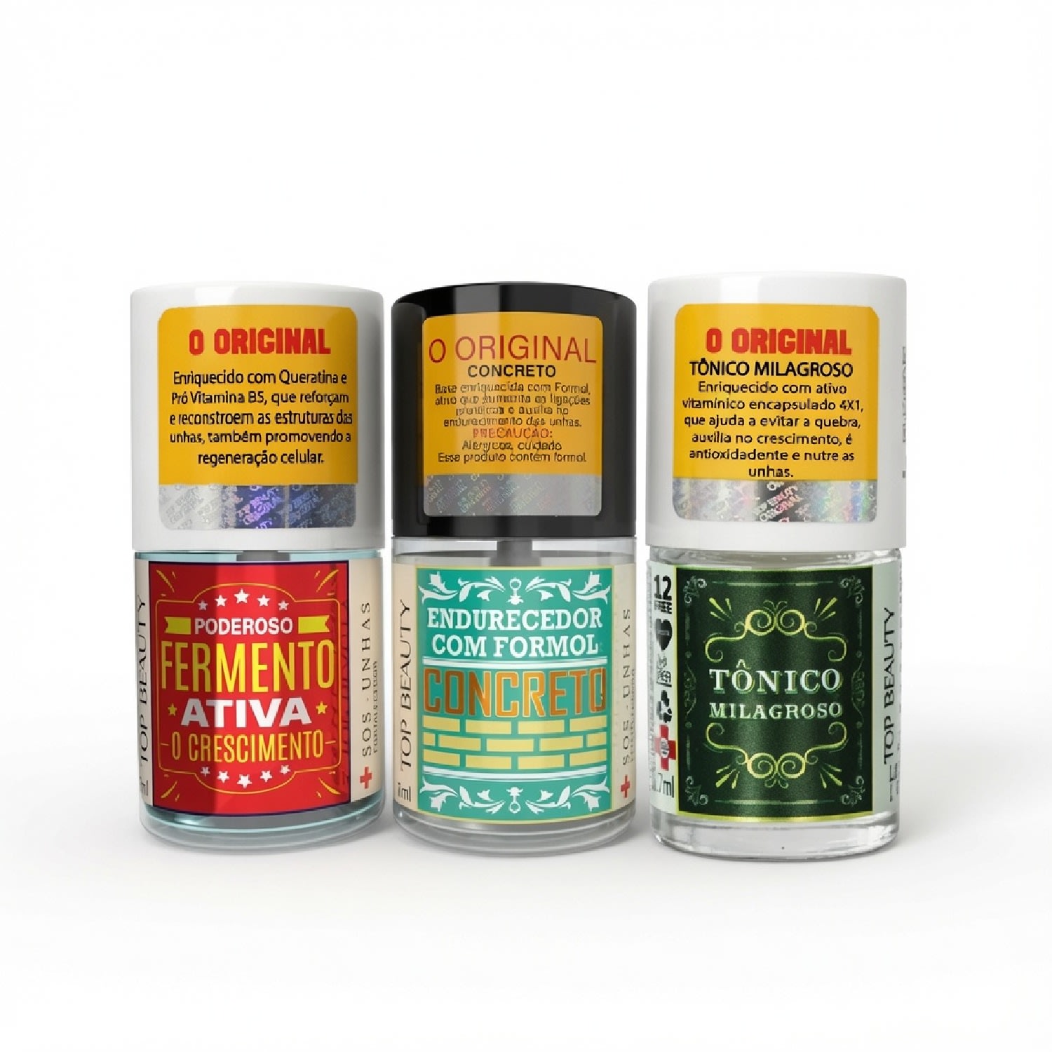 Kit 3 Bases Top Beauty Crescimento e Força - Fermento Ativo Concreto e Tônico Milagroso