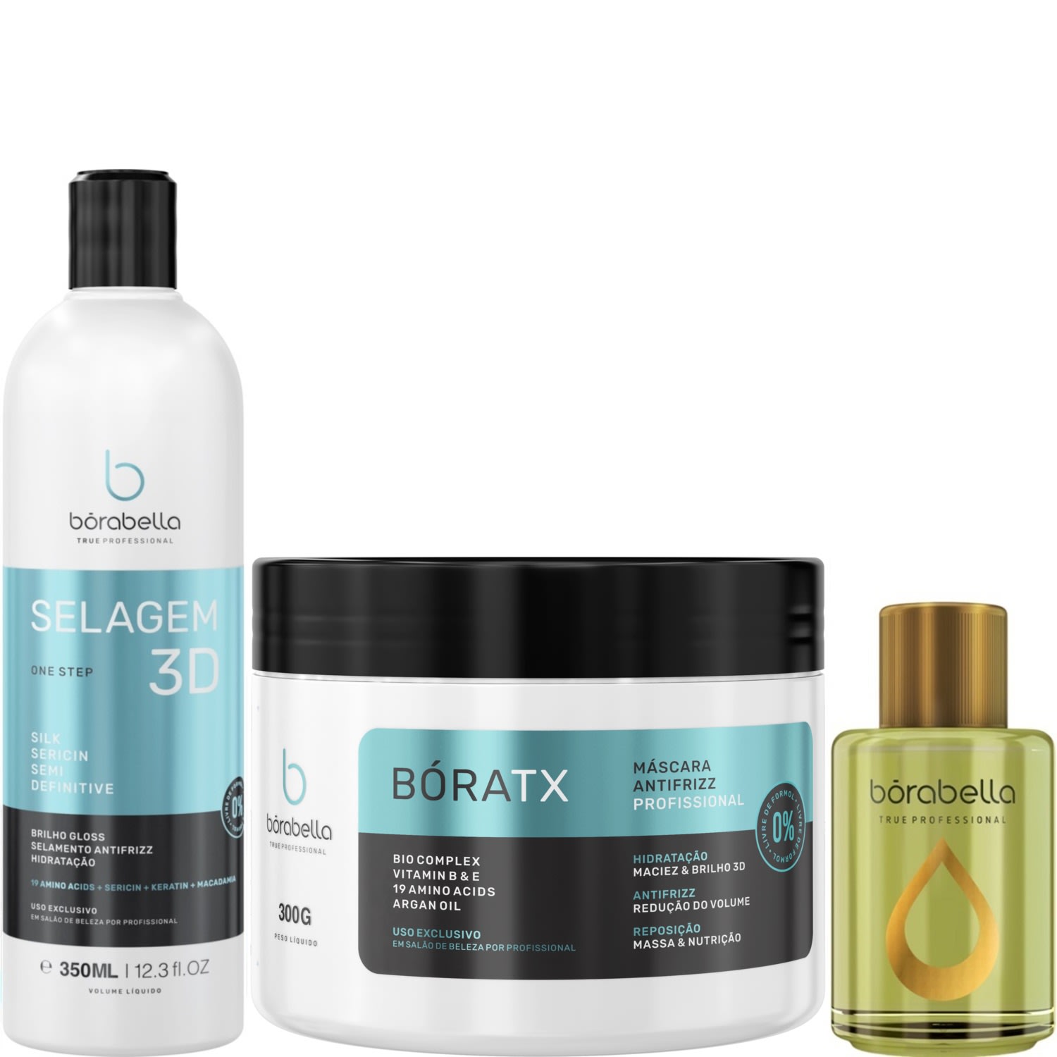 Borabella Selagem 3D 350ml + Bóratx 300g + Óleo de Argan 7ml