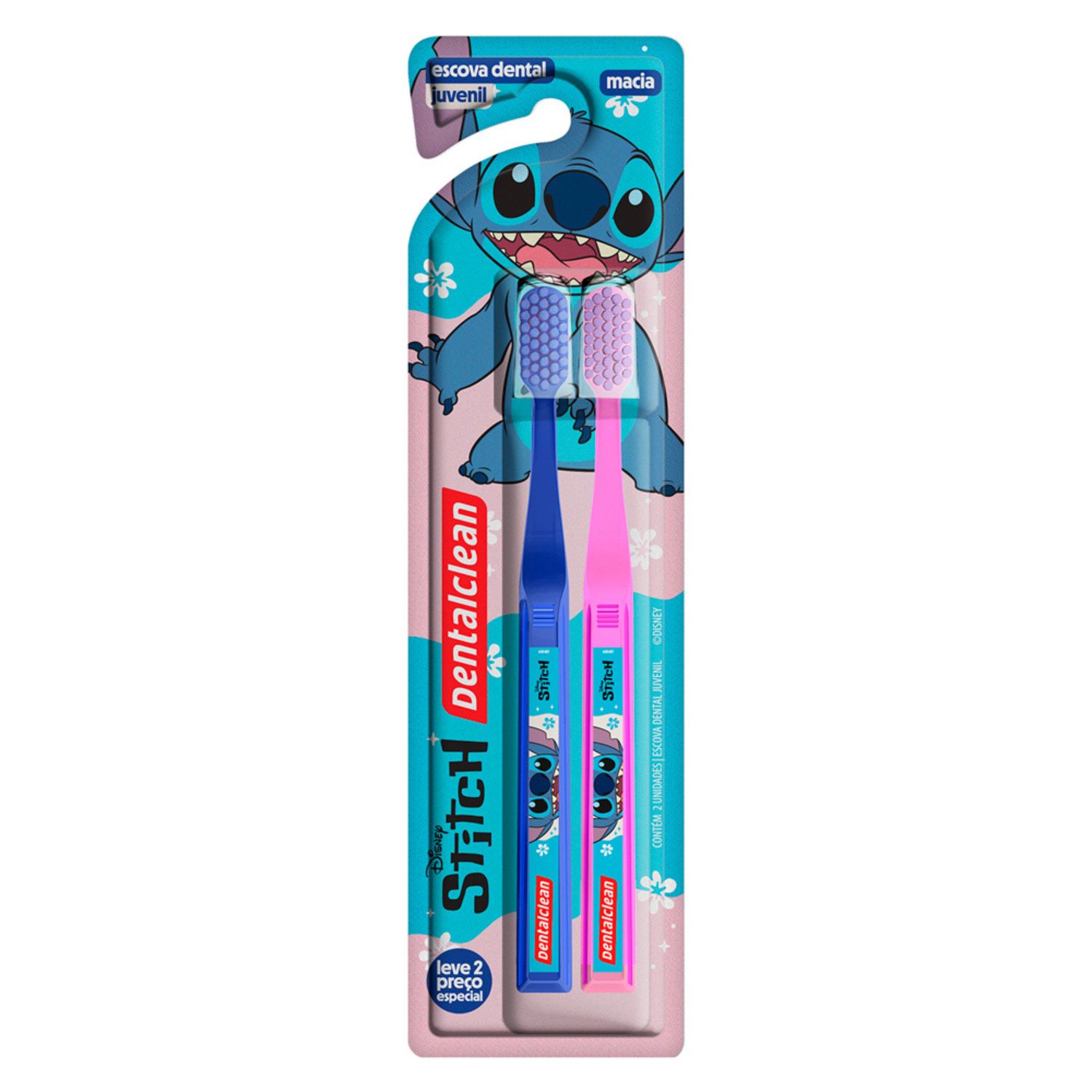 Kit Dentalclean Disney Stitch Azul e Rosa - Escova de Dente Juvenil (2 Unidades)