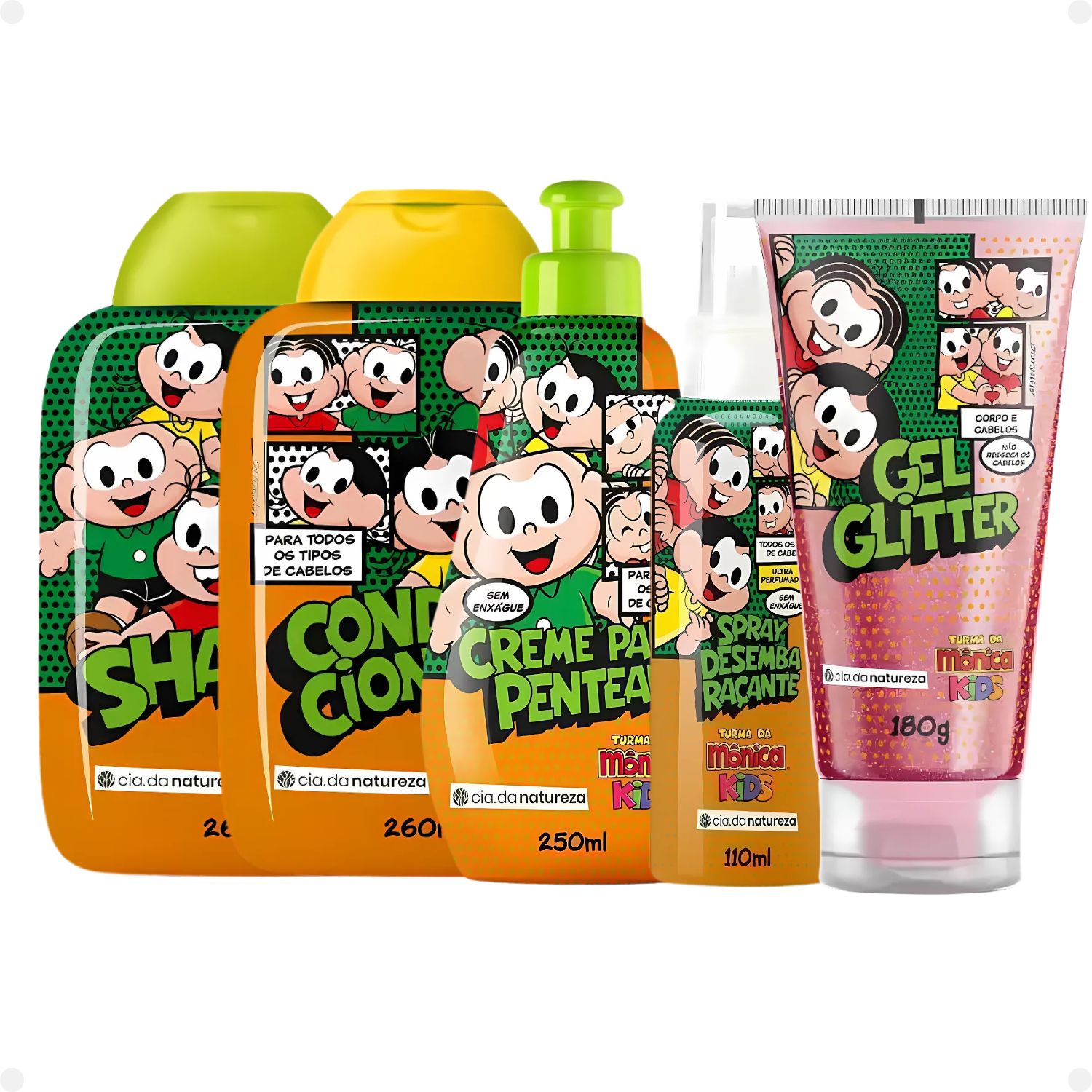 Kit Cia da Natureza Turma da Mônica Kids: Shampoo, Condicionador, Creme, Spray e Gel Glitter