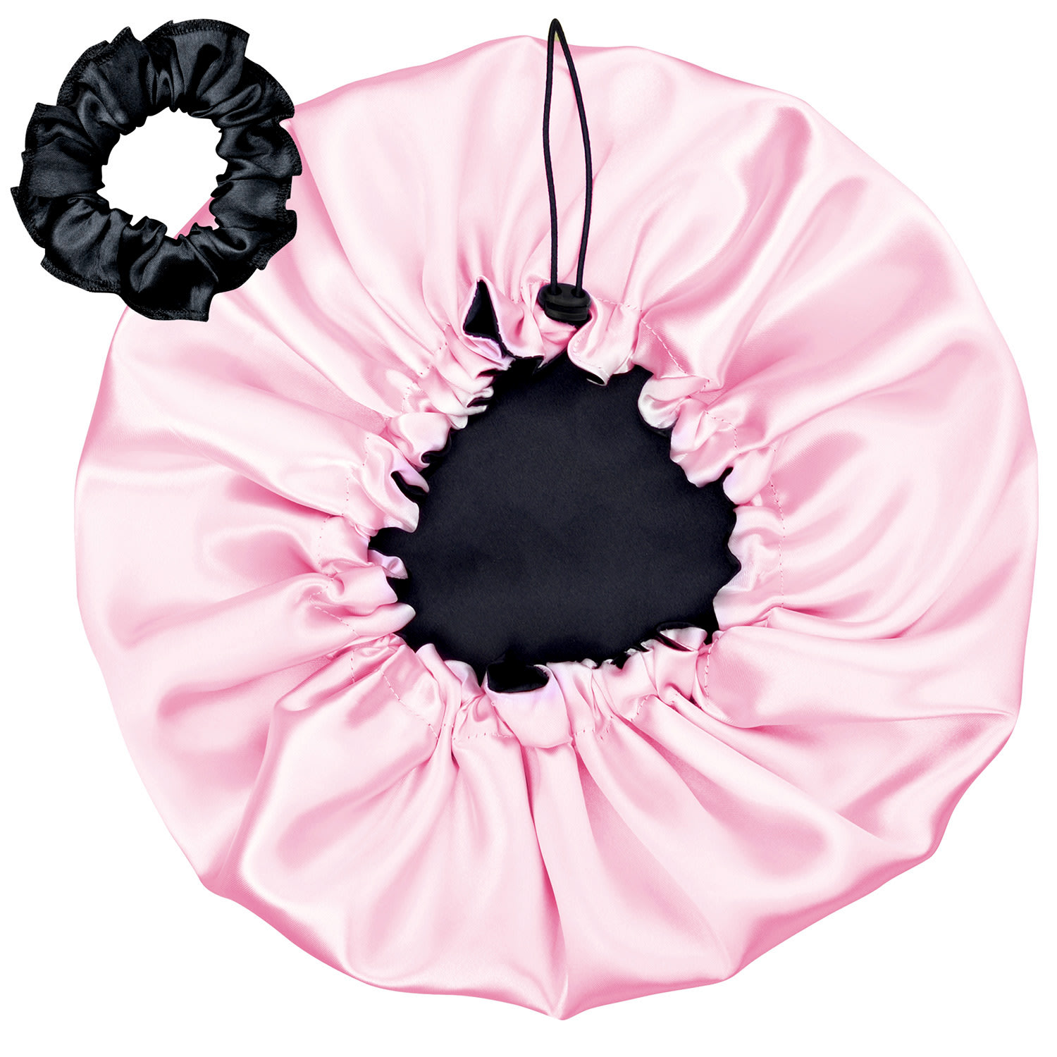 Touca De Cetim Dupla Face Ajustável com Xuxinha - Preto / Rosa-claro