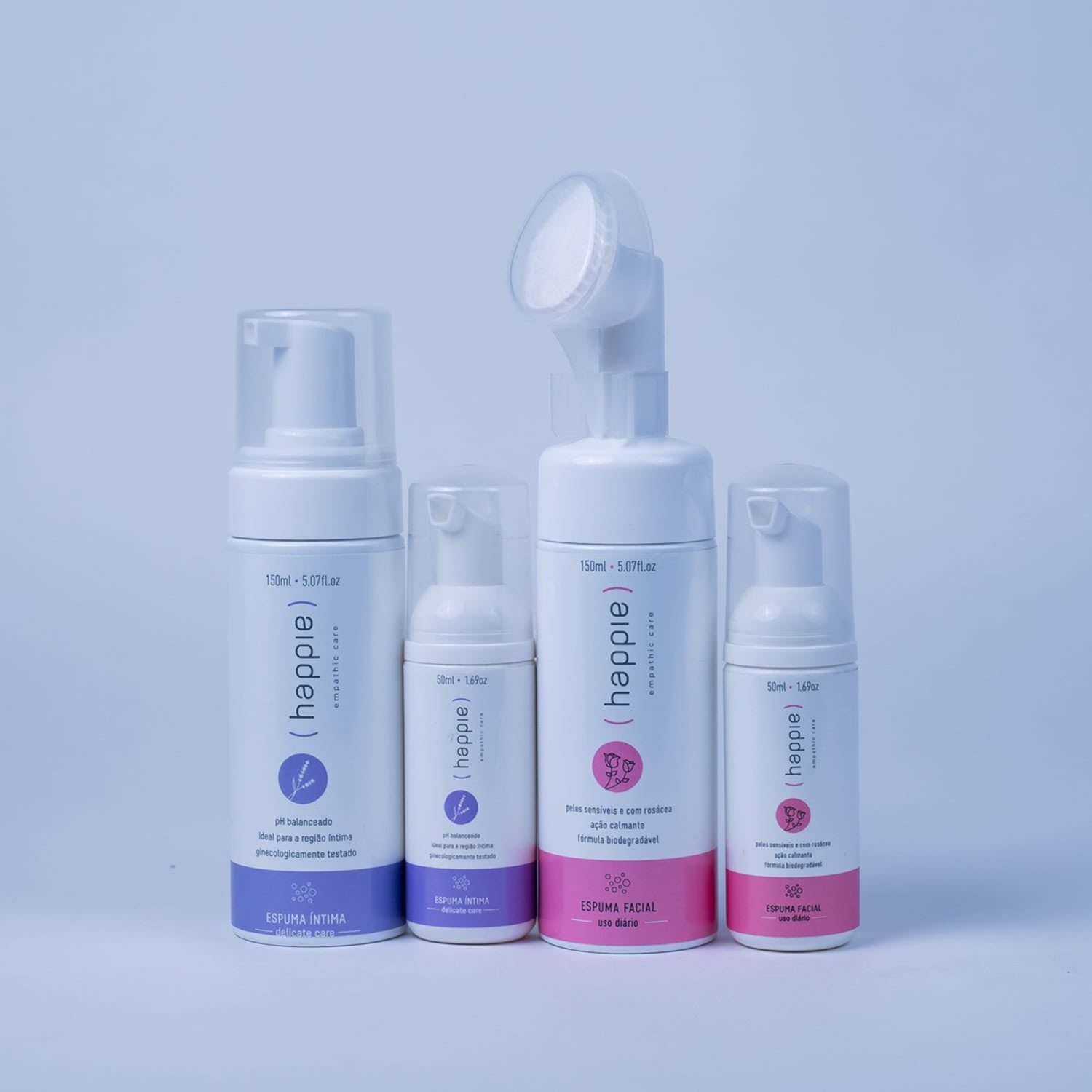 Kit espumas íntimas com enxágue 150 e 50 ml + espumas faciais p/ pele sensível 150 e 50 ml