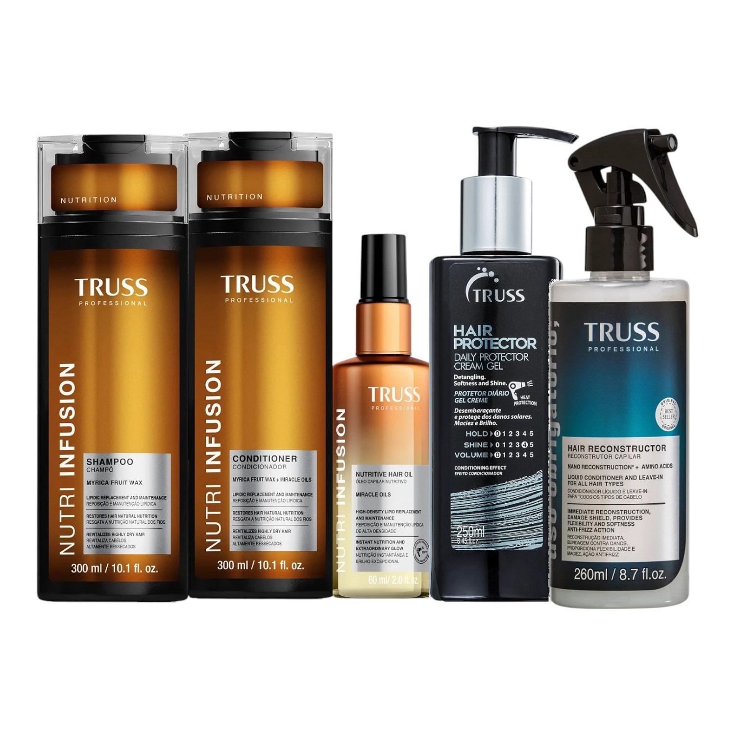 Kit Truss Nutri Infusion - Shampoo 300ml + Condicionador 300ml + Óleo 60ml + Hair Protector 250ml + Uso Spray 260ml