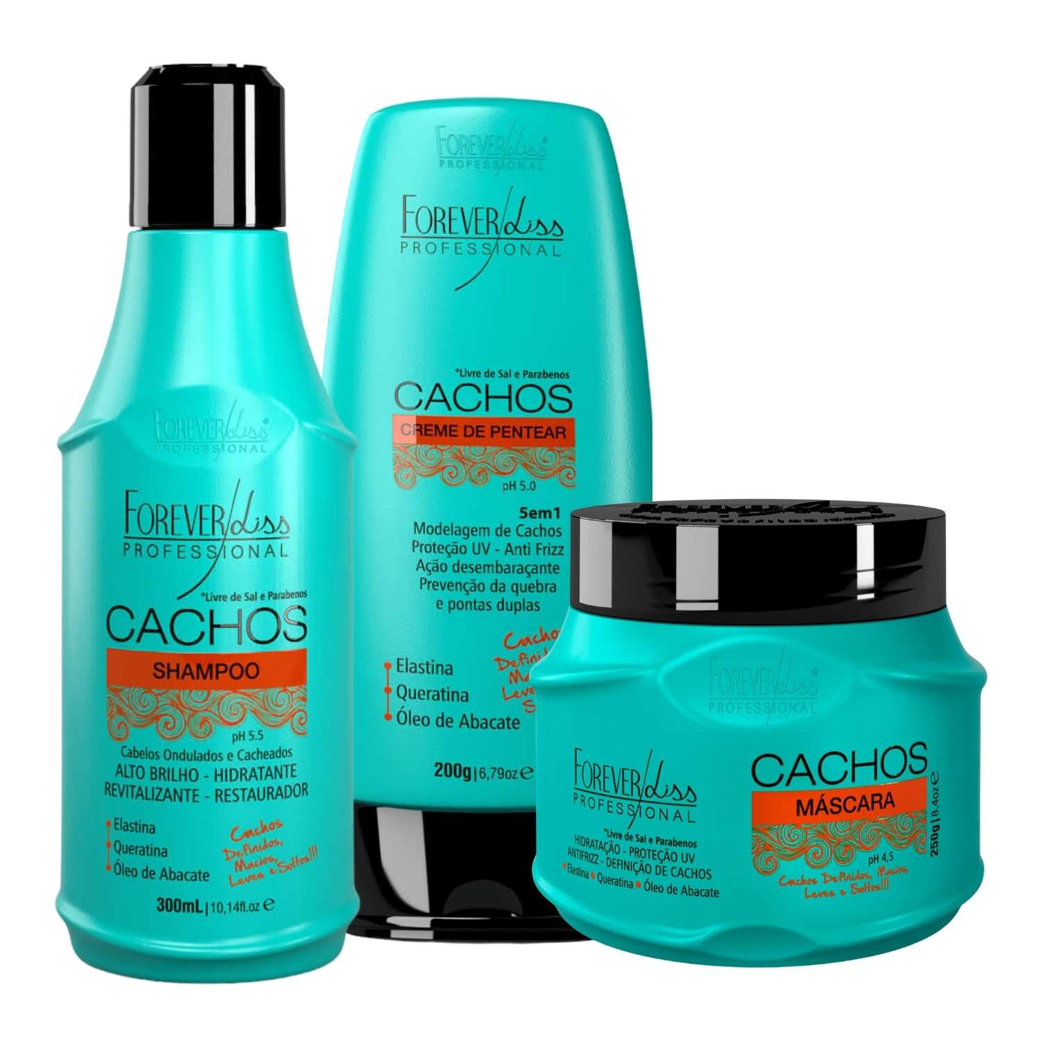 Kit Shampoo Máscara e Creme de Pentear Forever Liss Cachos
