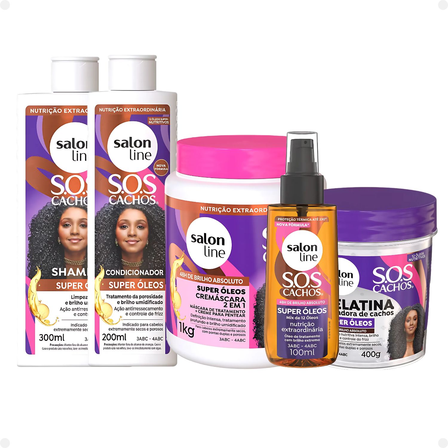 Kit Salon Line SOS Cachos Super Óleos: Shampoo 300ml e Condicionador 200ml + Cremáscara 2 em 1 1kg, Gelatina Ativadora de Cachos 400g e Óleo de Tratam