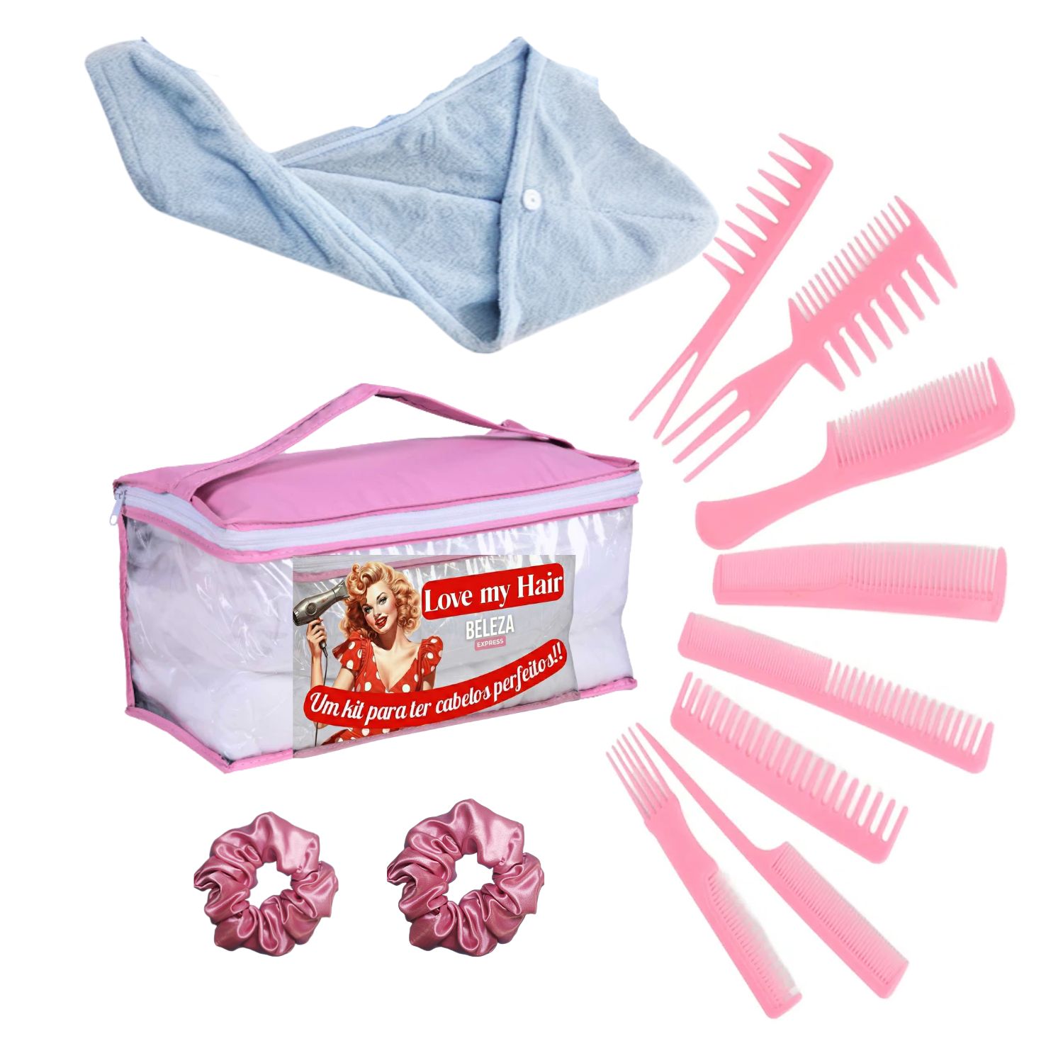 Kit capilar com pentes e toalha Love My Hair Beleza Express