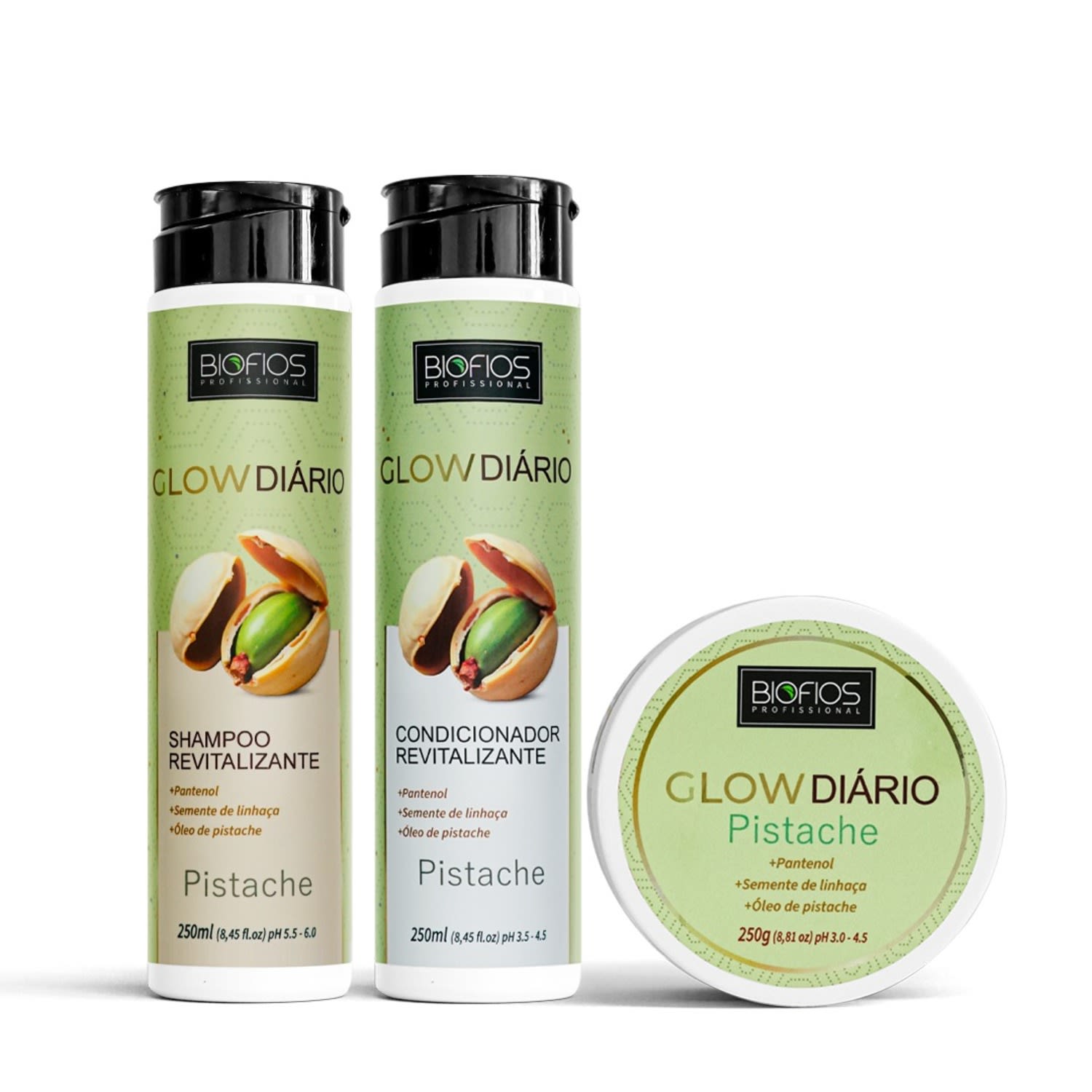 Kit Nutrição Capilar Pistache Biofios Glow Diário Revitalizante (3 Produtos)