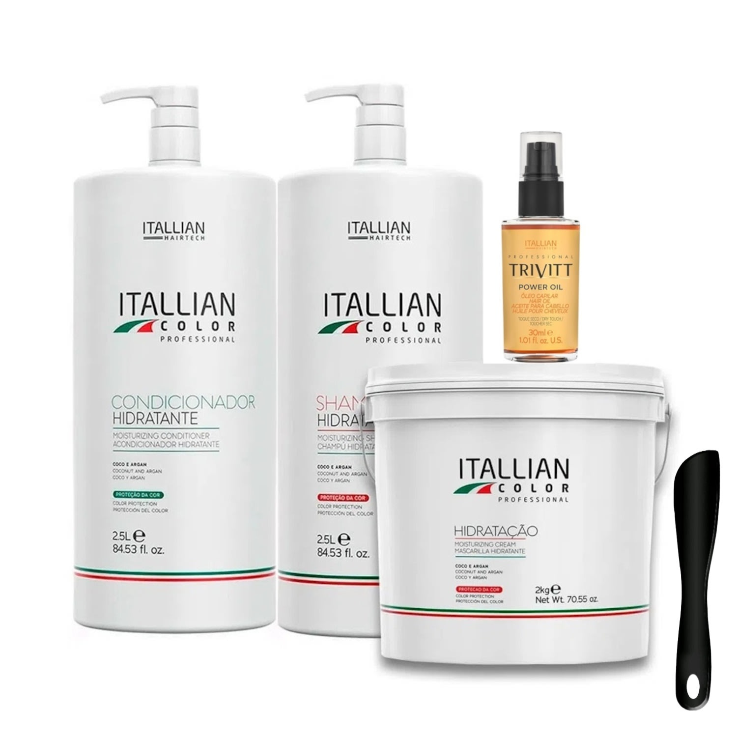 Itallian Color Kit Profissional Shampoo, Condicionador, Hidratação 2Kg + Finalizador Power Oil (4 Itens)