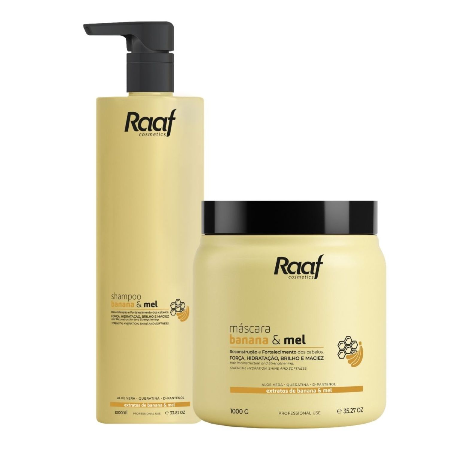 Kit Reconstrutor Banana e Mel Shampoo 1L + Máscara 1kg Raaf Cosmetics