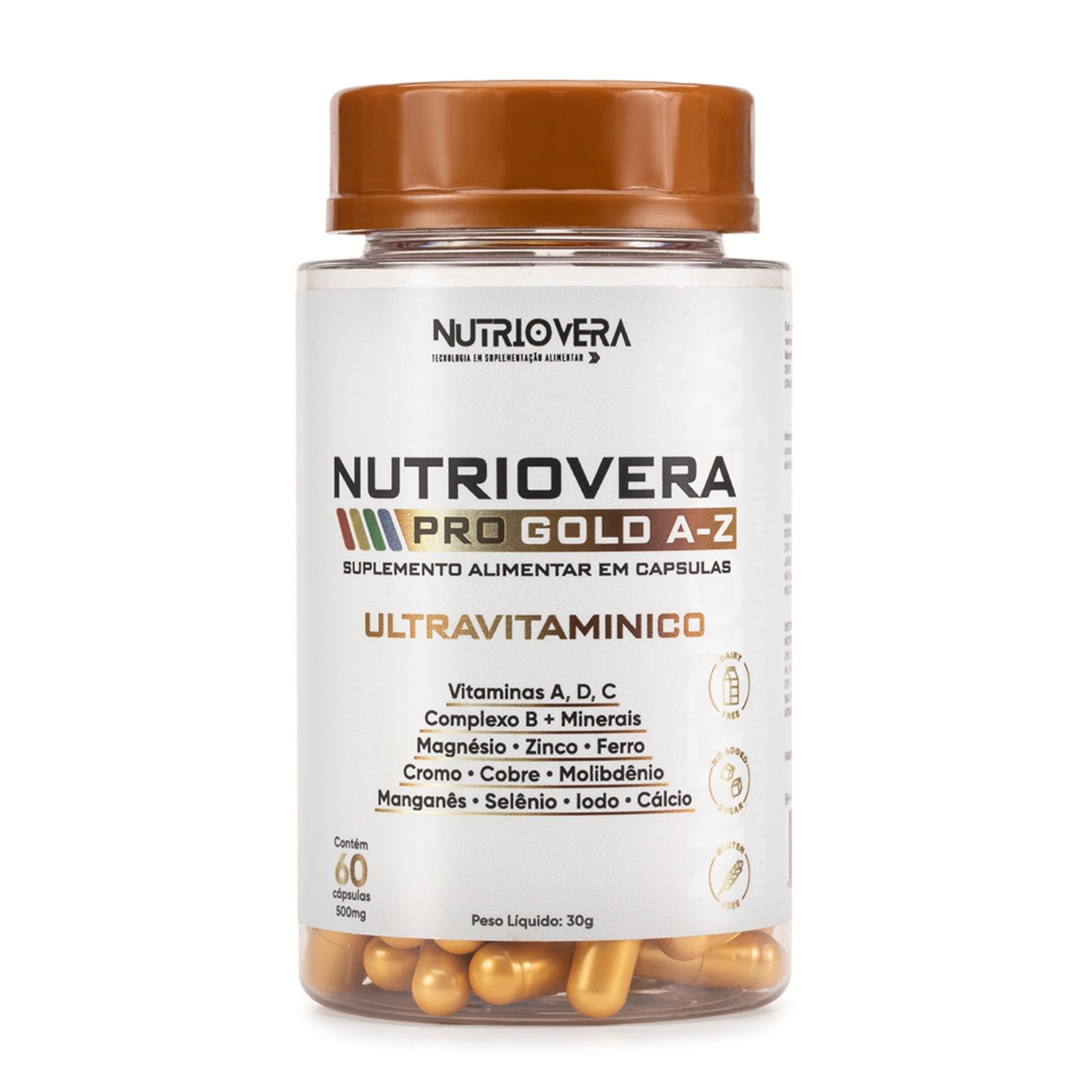 Suplemento Ultravitaminico Pro Gold A-Z Vitaminas A, C, D e complexo B, Zinco, Magnésio, Ferro e Cálcio.