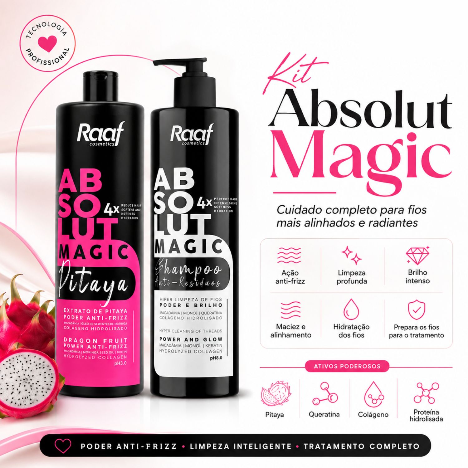 Kit Absolut 1 Máscara Alisamento Progressiva Pitaya + Shampoo Antirresíduos Raaf Cosmetics - 1L