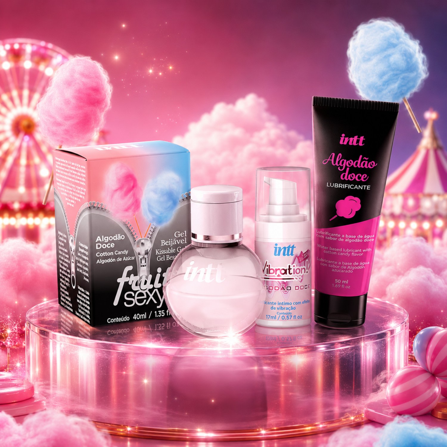 Kit Preliminares Algodão Doce Intt - Gel Térmico + Lubrificante + Vibrador Líquido