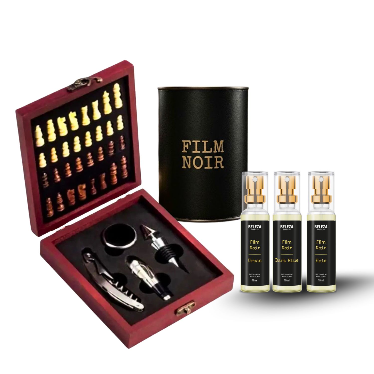 Kit Presente Masculino Perfumes, kit Vinho e jogo de xadrez