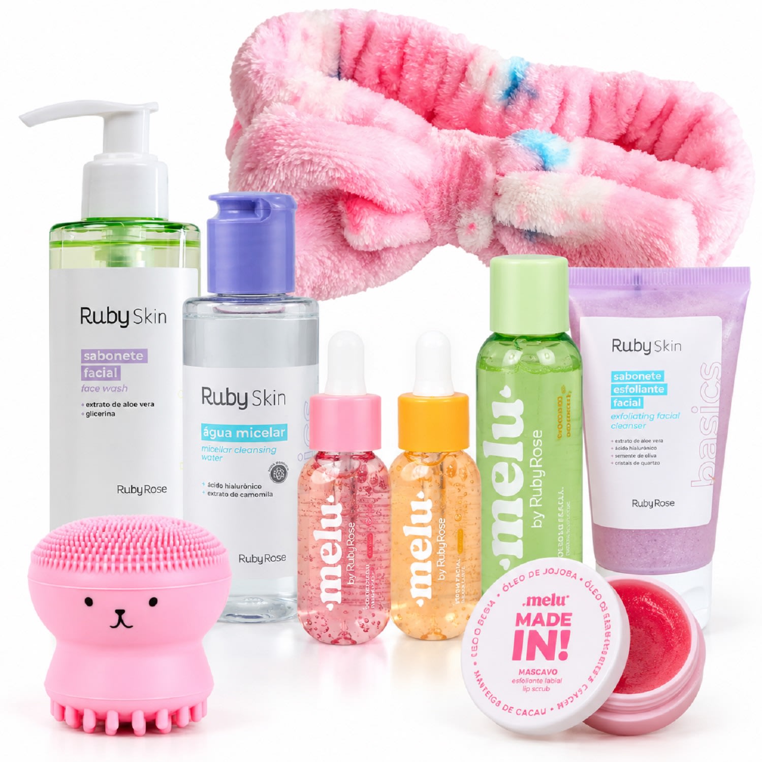 Kit Skincare Melu Ruby Rose com Sabonete Facial Sérum Água Micelar Tônico Esfoliante e Faixa de cabelo