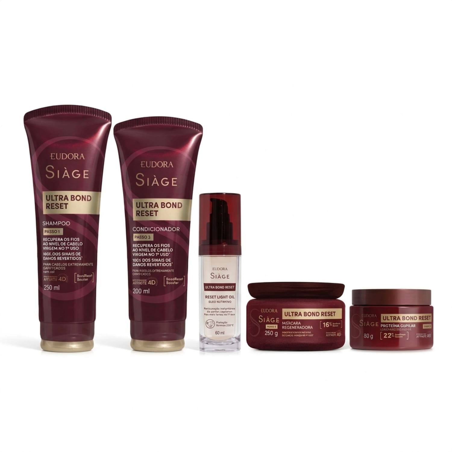 Combo Siàge Ultra Bond Reset: Shampoo 250ml + Condicionador 200ml + Máscara Capilar 250g + Leave In 80g + Óleo Nutritivo 60ml