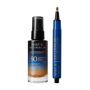 Combo Make B. Retinol: Base Líquida Cor 15 26g + Corretivo Iluminador Cor 30 2,5g + Batom Líquido Red Velvet 8ml