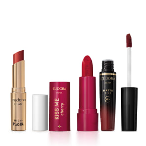 Combo Batom Kiss Me Glam: Glam Microplastia Vermelho Ruby 3,3g + Glam Mate Tint Bordô Intenso 4ml + Kiss Me Mate Cherry Vermelho Viciante 3,7g