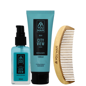 Kit para barba da linha City View | 3 itens | balm purificante, óleo para barba e pente de madeira