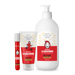 Combo Netflix La Casa de Papel: Máscara Para Pés + Loção Hidratante + Batom Superfix Vermelho