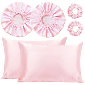 Kit Bemart Fronha Touca e Xuxinhas Cetim Preto e Pink (6 Produtos)