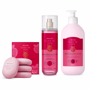 Combo Cuide-se Bem Morango e Leite: Loção Corporal 400ml + Body Splash 200ml + Sabonetes em Barra 4x80g cada