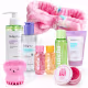 Kit Skincare Melu Ruby Rose com Sabonete Facial Sérum Água Micelar Tônico Esfoliante e Faixa de cabelo (1)