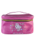 Nécessaire formato retangular com zíper dourado, estampa rosa pink com a Hello Kitty no centro rodeada de produtos de beleza.