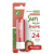 Protetor solar labial da marca Dermachem, com fator de proteção solar 24, na embalagem com design de frutas e fundo rosa com bolinhas brancas. O produto é apresentado em um tubo vermelho com o nome "Sun Fruits" e o sabor "Morango" impresso.