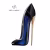 Frasco do perfume Good Girl da Carolina Herrera, em tons de preto e azul com design elegante e sofisticado em formato de salto agulha. Texto ao lado: refillable.