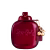 Frasco de perfume Coach vermelho escuro com tampa redonda e detalhe dourado em formato de cereja. Embalagem com gravação em relevo de carruagem.