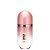 Perfume em frasco cilíndrico de metal rosado. O frasco tem um formato alongado com uma tampa arredondada na parte superior. O rótulo frontal exibe o texto "212 VIP Rosé" em letras douradas sobre fundo rosado.