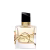 Frasco de perfume Yves Saint Laurent com design elegante e moderno. Embalagem de vidro transparente com detalhes dourados, incluindo tampa e estrutura metálica. Rótulo preto com logotipo da marca em destaque.
