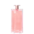 Frasco de perfume Idôle Lancôme de formato retangular, com tampa rosada e corpo transparente contendo um líquido de tonalidade rosa clara. O rótulo apresenta o nome da marca em destaque.