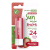Protetor solar labial da marca Dermachem, com fator de proteção solar 24, na embalagem com design de frutas e fundo rosa com bolinhas brancas. O produto é apresentado em um tubo vermelho com o nome "Sun Fruits" e o sabor "Morango" impresso.