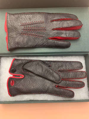 Black and Red Peccary Gloves Handmade, Cashmere Lined and