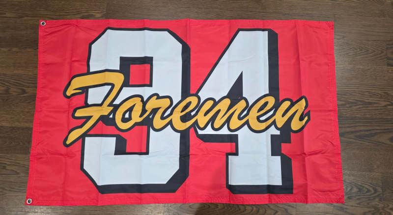 Customer photo: a custom red and white Foremen 34 flag