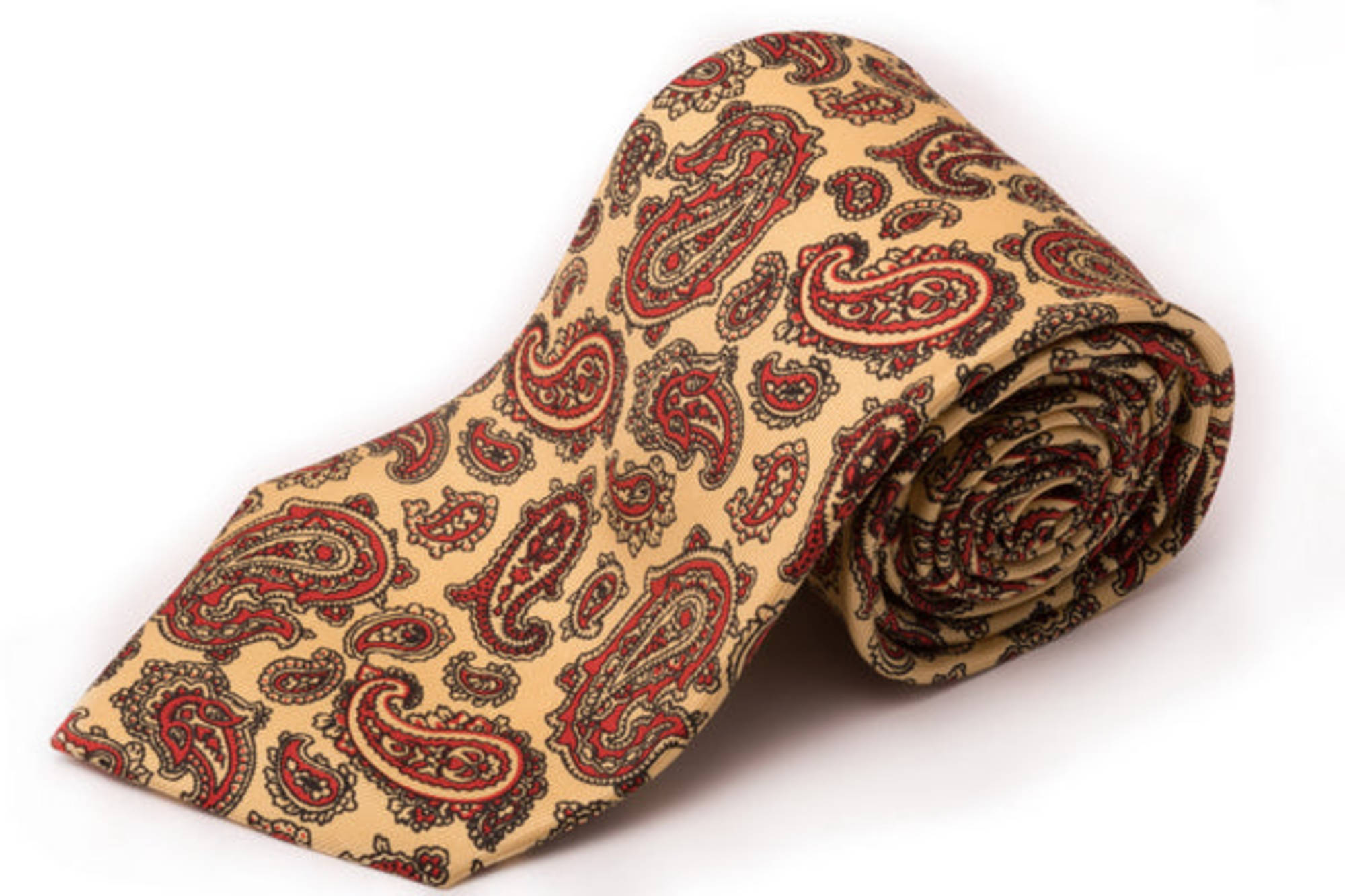 Paisley Madder Silk Tie in Buff Pale Yellow with Red & Black