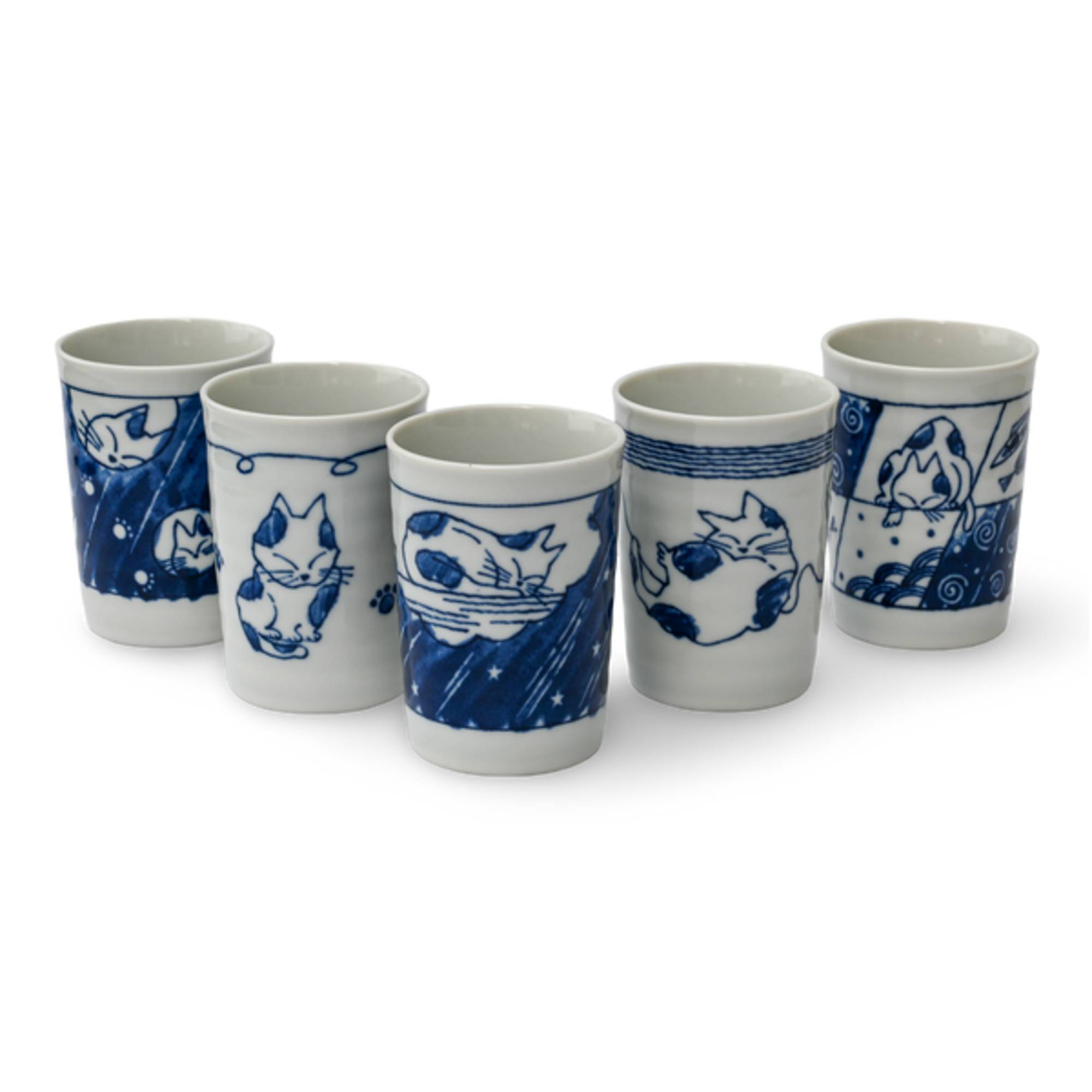 Adorable Cat 4 Tea Cup, Blue & White Mino-Ware, 180ml (6oz