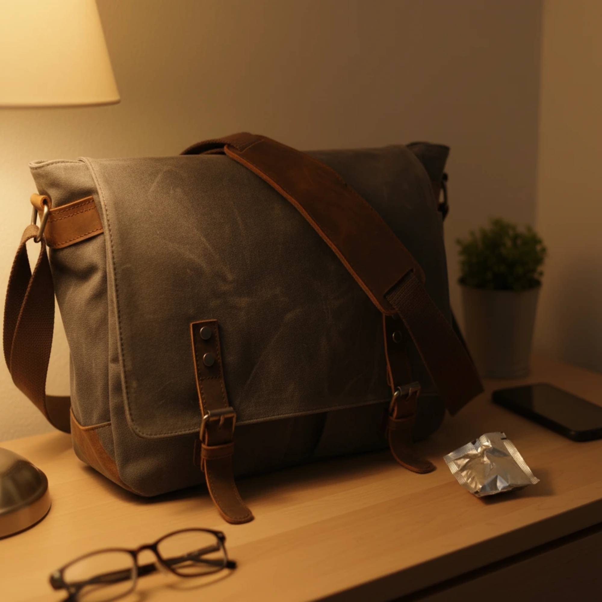 Lille kamerataske i vokset canvas - crossbody med læderdetaljer — Linda R.