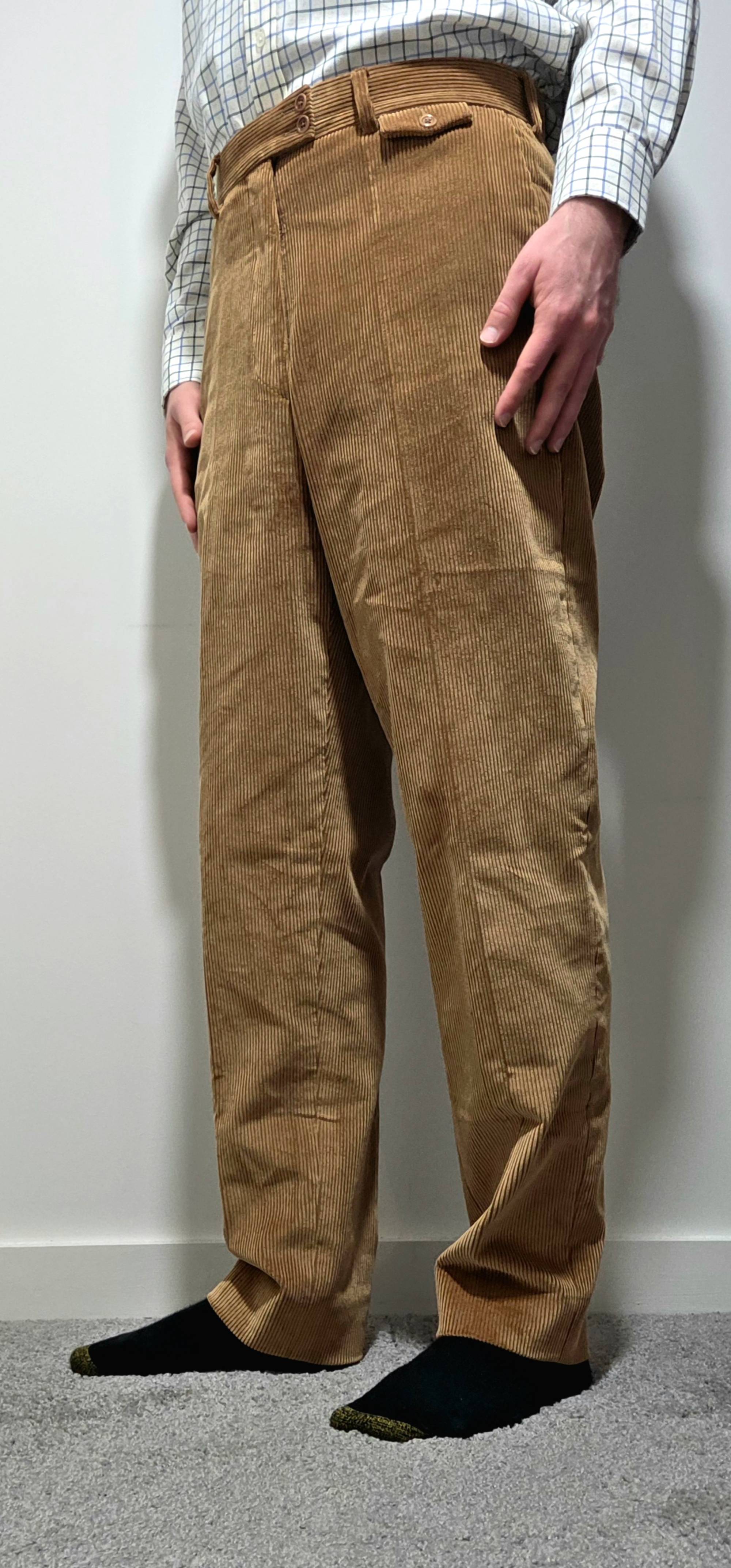 Camel Corduroy Trousers -Stancliffe Flat-Front in 8-Wale Cotton by