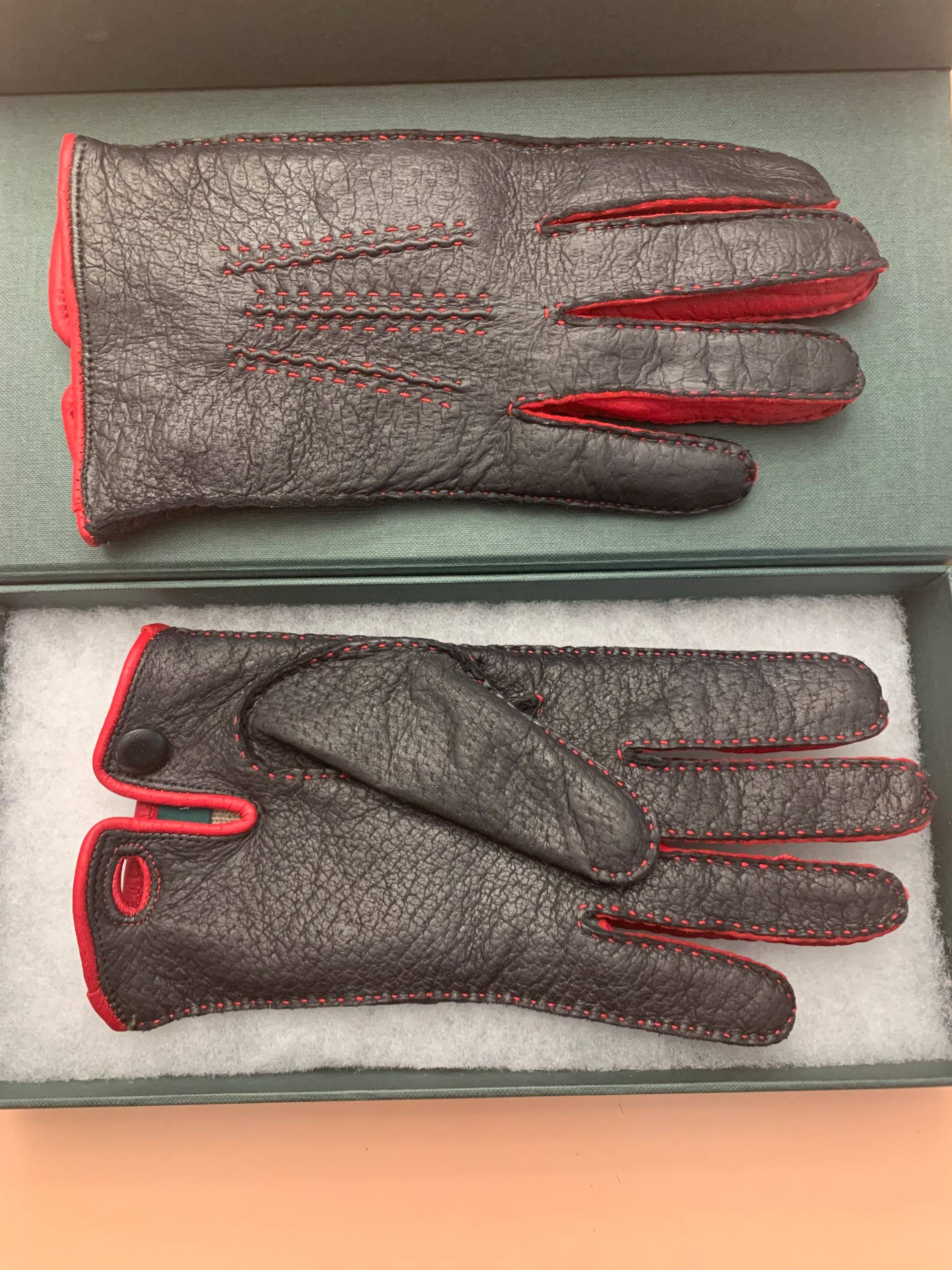 Black and Red Peccary Gloves Handmade, Cashmere Lined and 