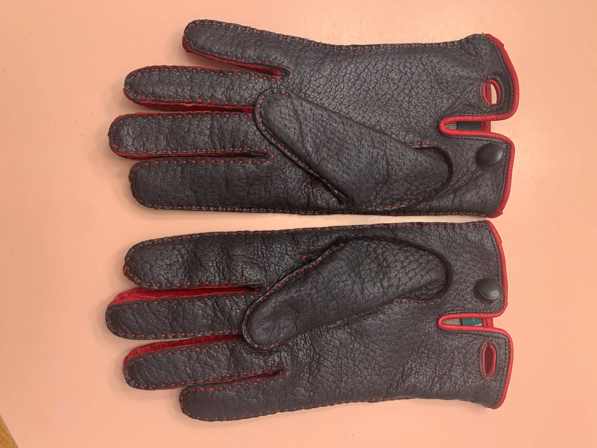 Black and Red Peccary Gloves Handmade, Cashmere Lined and