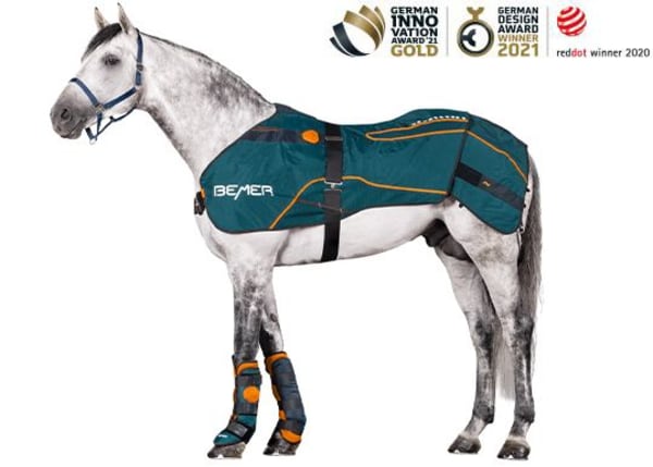 Weißes Pferd mit Horse-Set und Awards