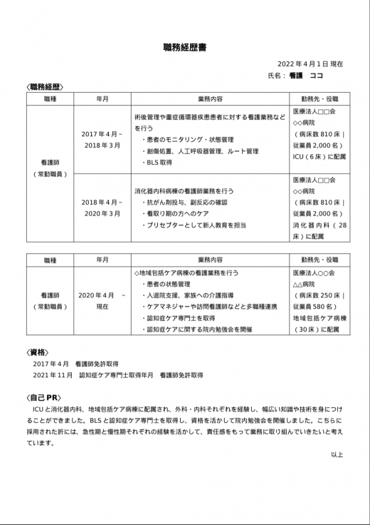 例文付き 看護師の職務経歴書の書き方 テンプレート 見本や履歴書との違いも紹介 サービス付き高齢者向け住宅の学研ココファン