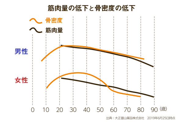 筋肉量低下と骨密度の低下