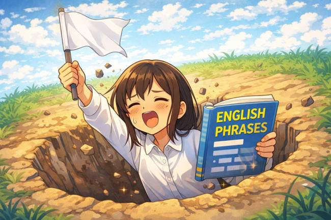 落とし穴にはまって抜け出せない、英語フレーズを勉強中の女の子