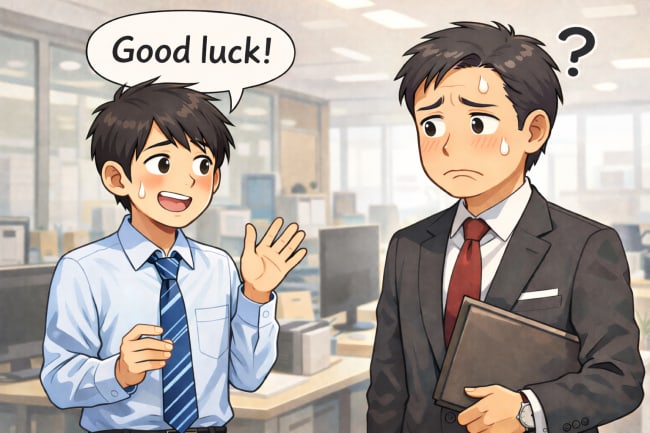 上司にGoodLuckを使い気まずくなっている新人男性社員の様子
